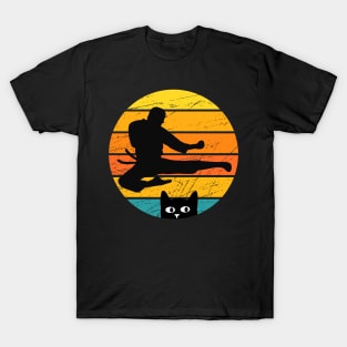 Retro Silhouette Karate Cat Design T-Shirt